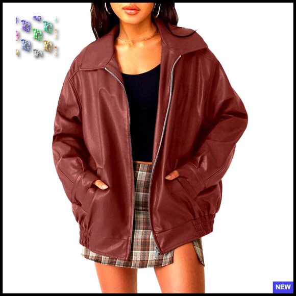 Jackets & Blazers - Oversized Faux Leather Bomber Jacket Y2K Chic Boyfriend Style Zip Up Moto